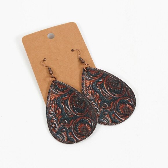 Bohemian Teardrop Earrings - Floral Print Faux Leather, Antique Bronze Finish - Picture 3 of 5